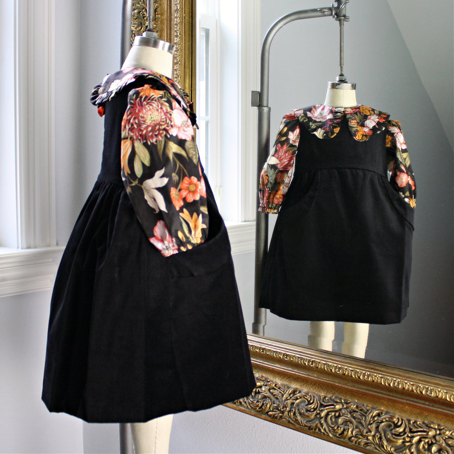 Black Velveteen Dress with Stately Bouquet Liberty London Blouse