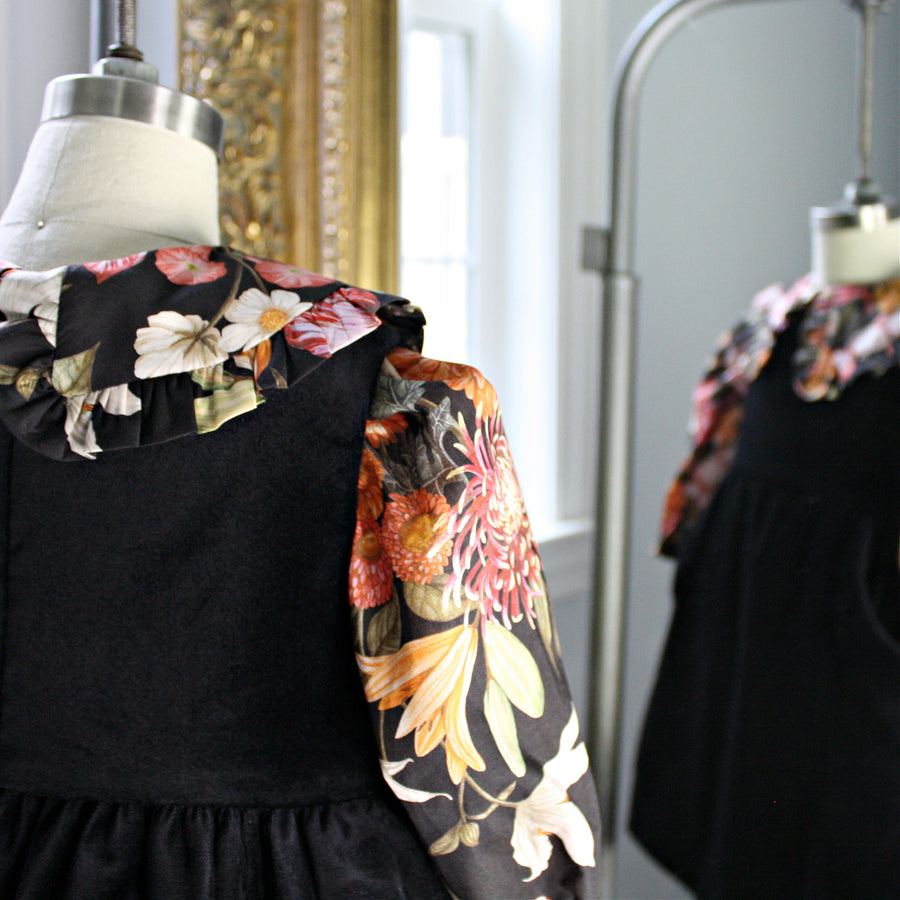 Black Velveteen Dress with Stately Bouquet Liberty London Blouse