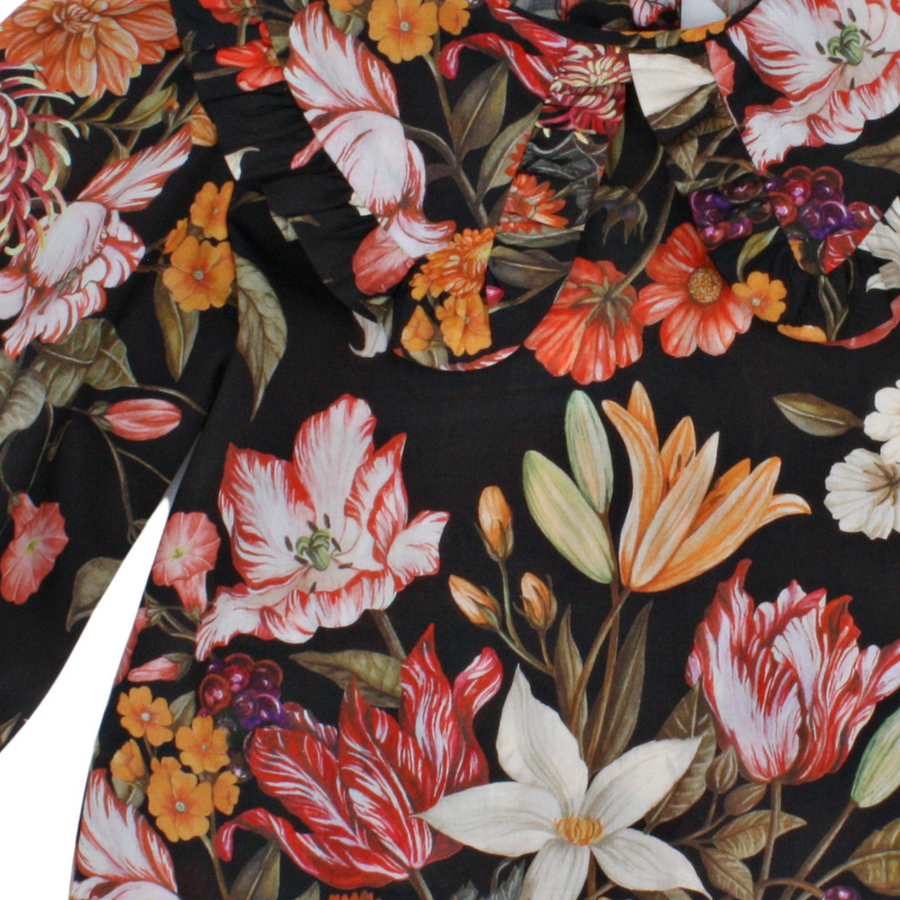 Black Velveteen Dress with Stately Bouquet Liberty London Blouse