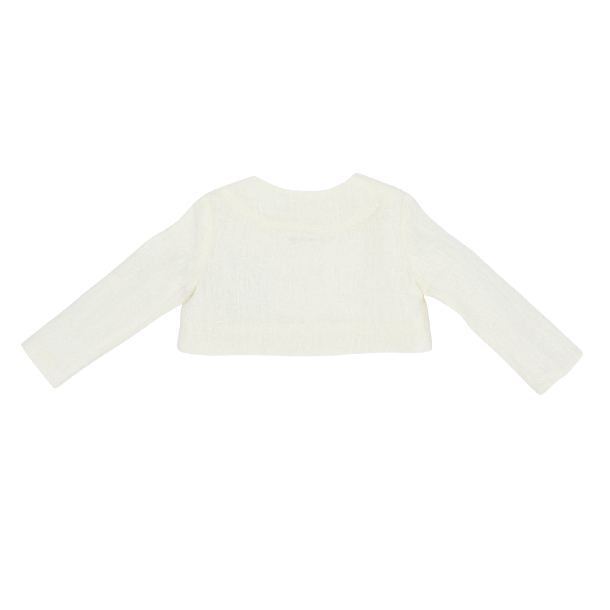 Back view of  ivory linen bushel bunny jacket. Lightweight, fully lined heirloom cardigan with long sleeves and a classic cropped design.