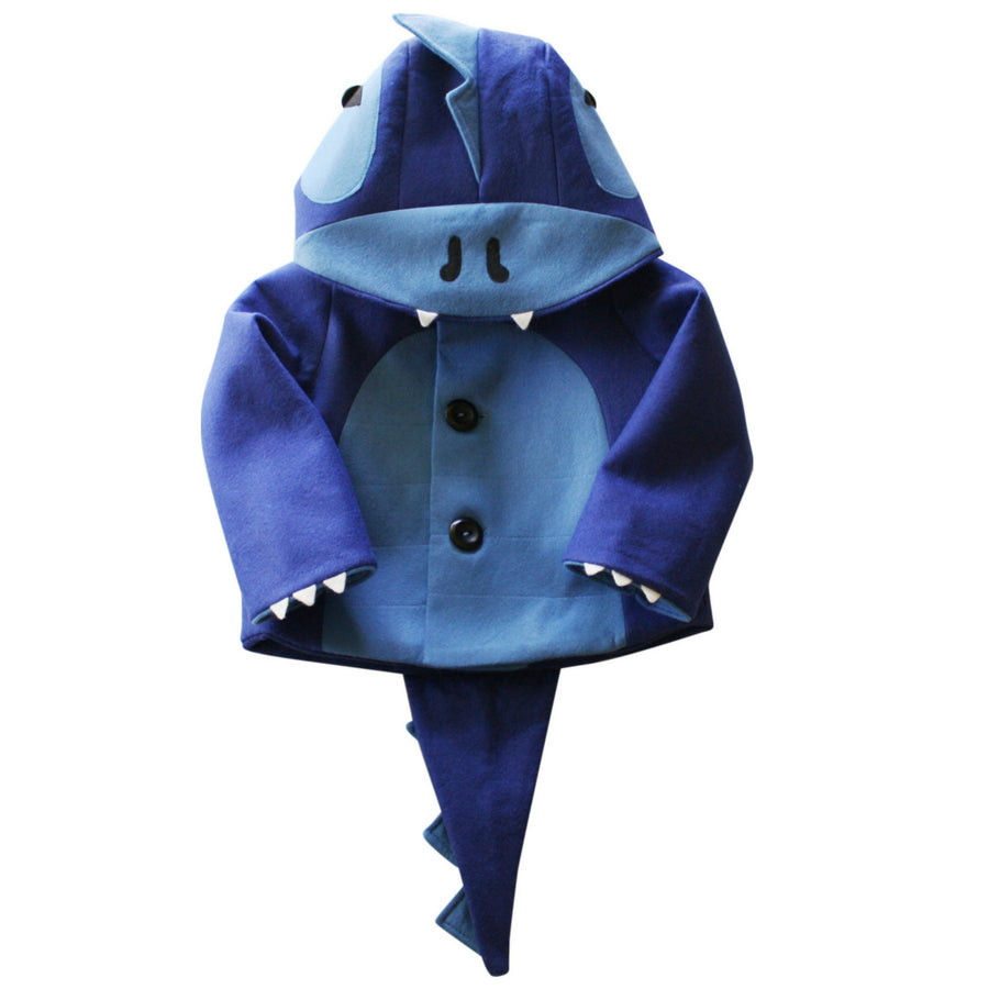 flat image of Blue Dinosaur Coat, closed with 3 black bottons down the front.