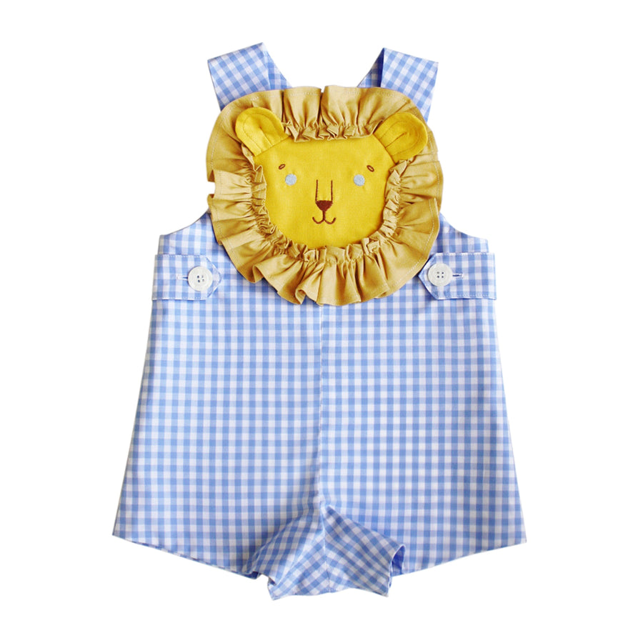 Little Goodall Blue Gingham Lion Romper for babies and toddlers, made from soft 100% cotton with an embroidered lion face and ruffled mane