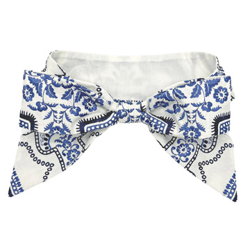 Detailed Blue and White Embroidered Hatband with Middy Bow, compatible with removable ladies' hat bands. Elegant mix-and-match accessory.
