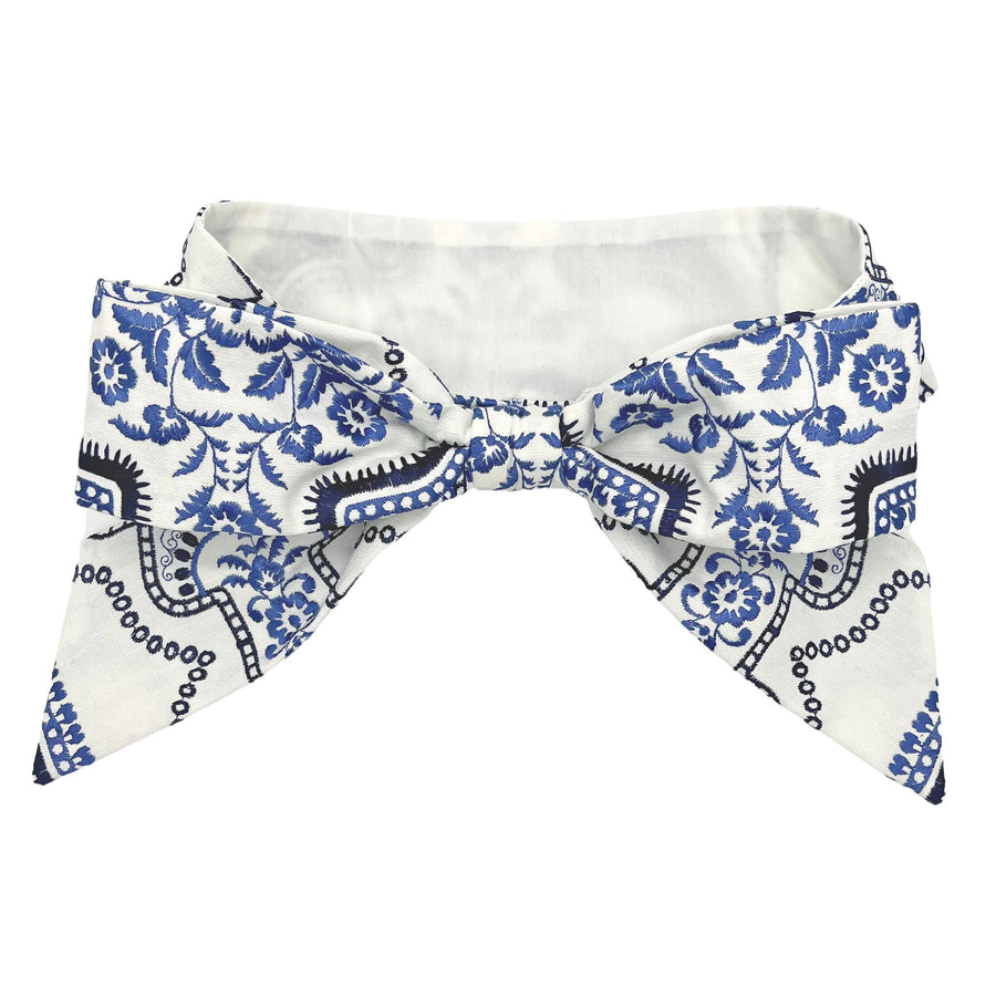 Detailed Blue and White Embroidered Hatband with Middy Bow, compatible with removable ladies' hat bands. Elegant mix-and-match accessory.