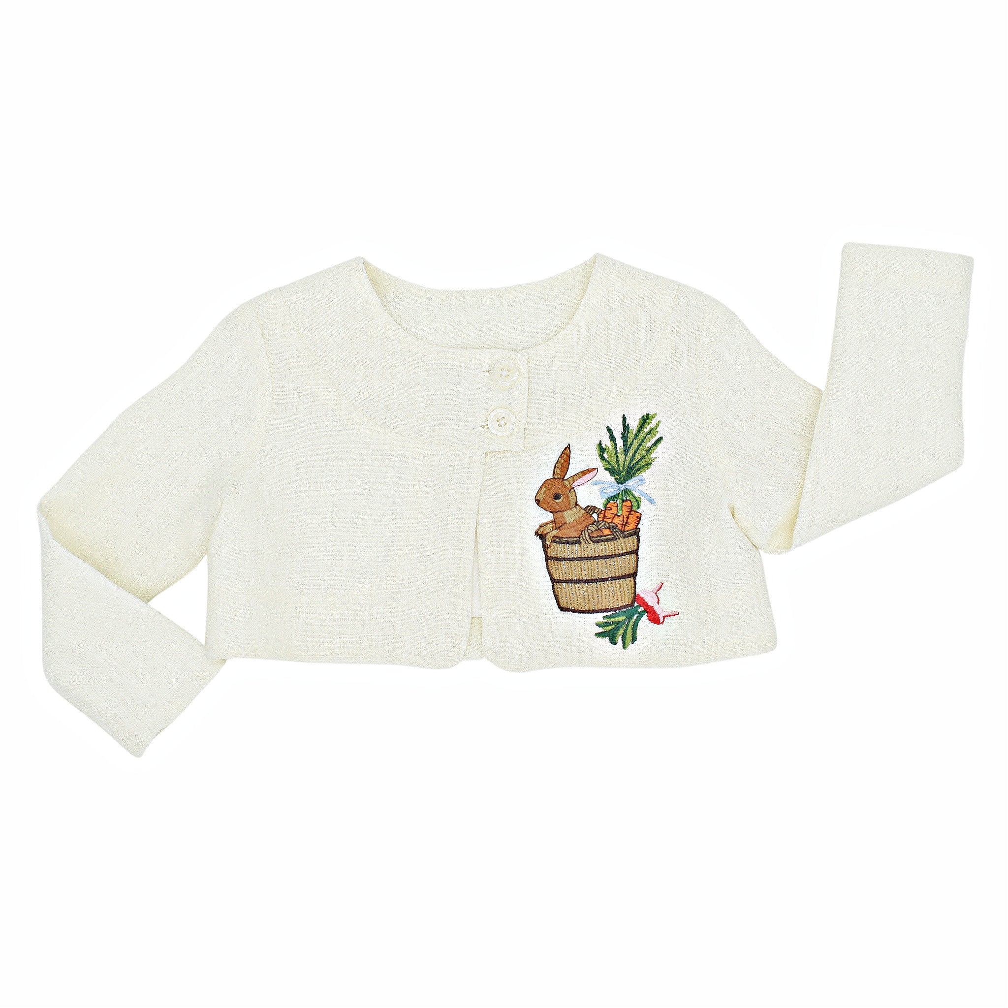 Ivory linen baby jacket with embroidered bunny in a bushel basket. Lightweight, heirloom-quality cardigan for boys and girls, perfect for spring
