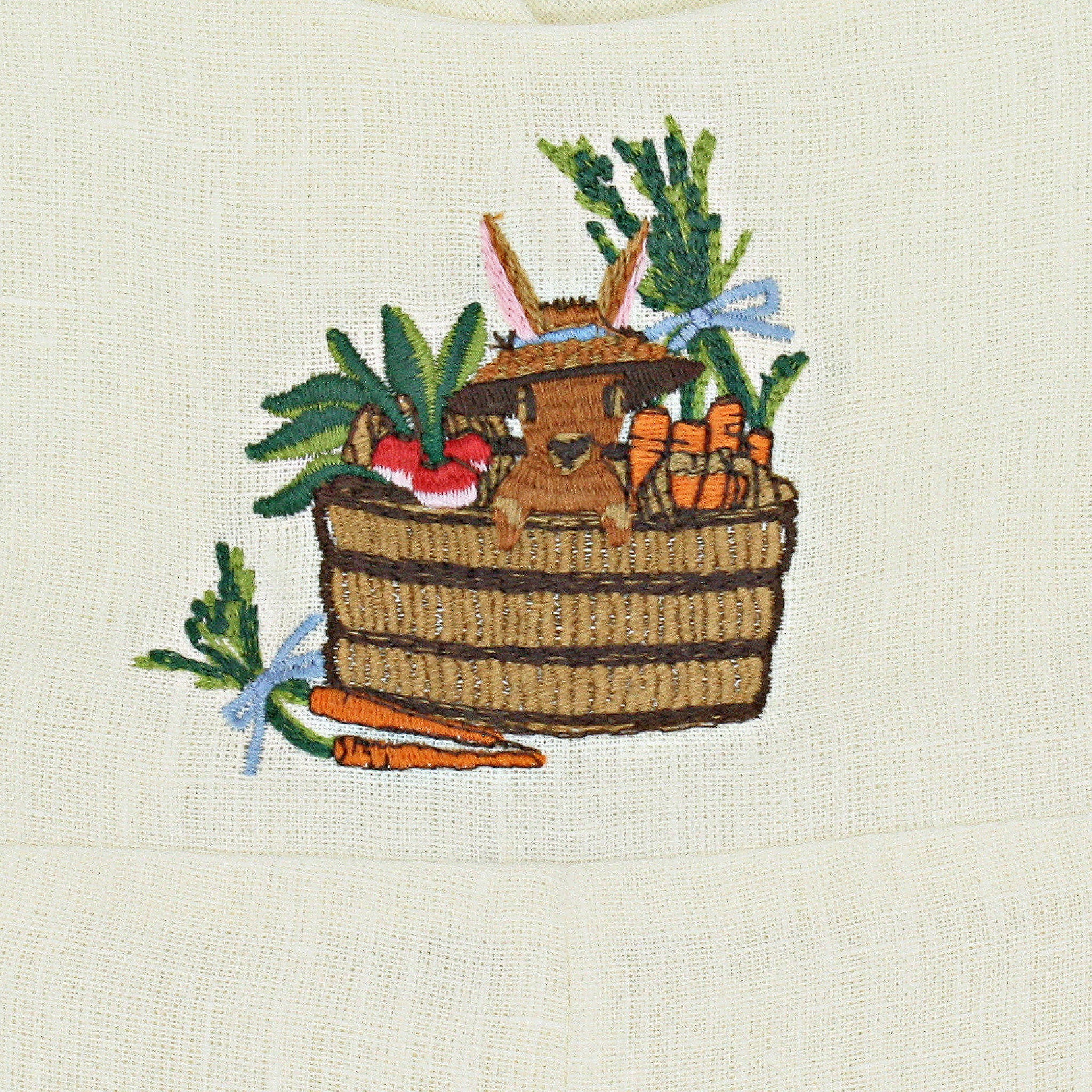 Close-up of hand-embroidered design on linen fabric featuring a brown bunny in a woven basket