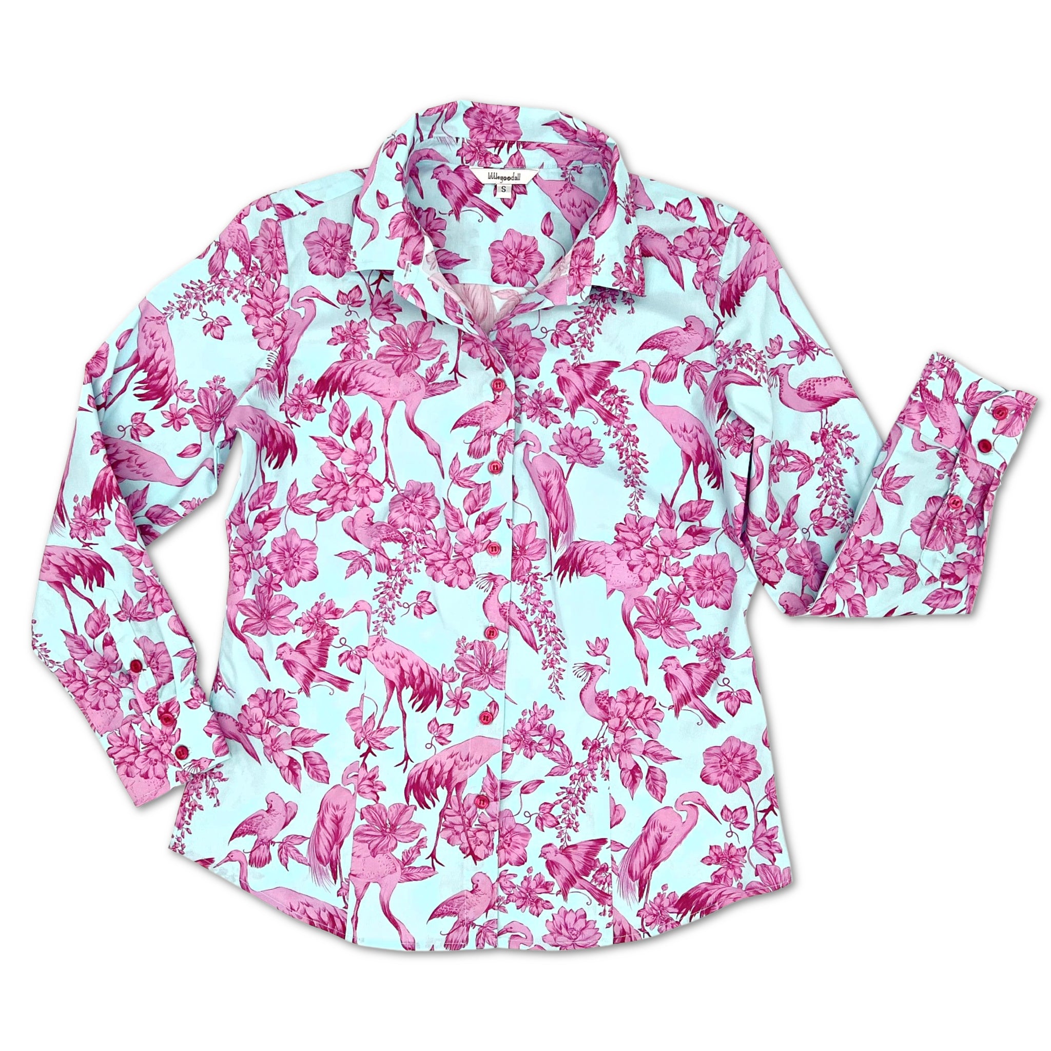 Button-down shirt in smooth cotton sateen with an aviary toile print in pink and lilac on a sea blue background