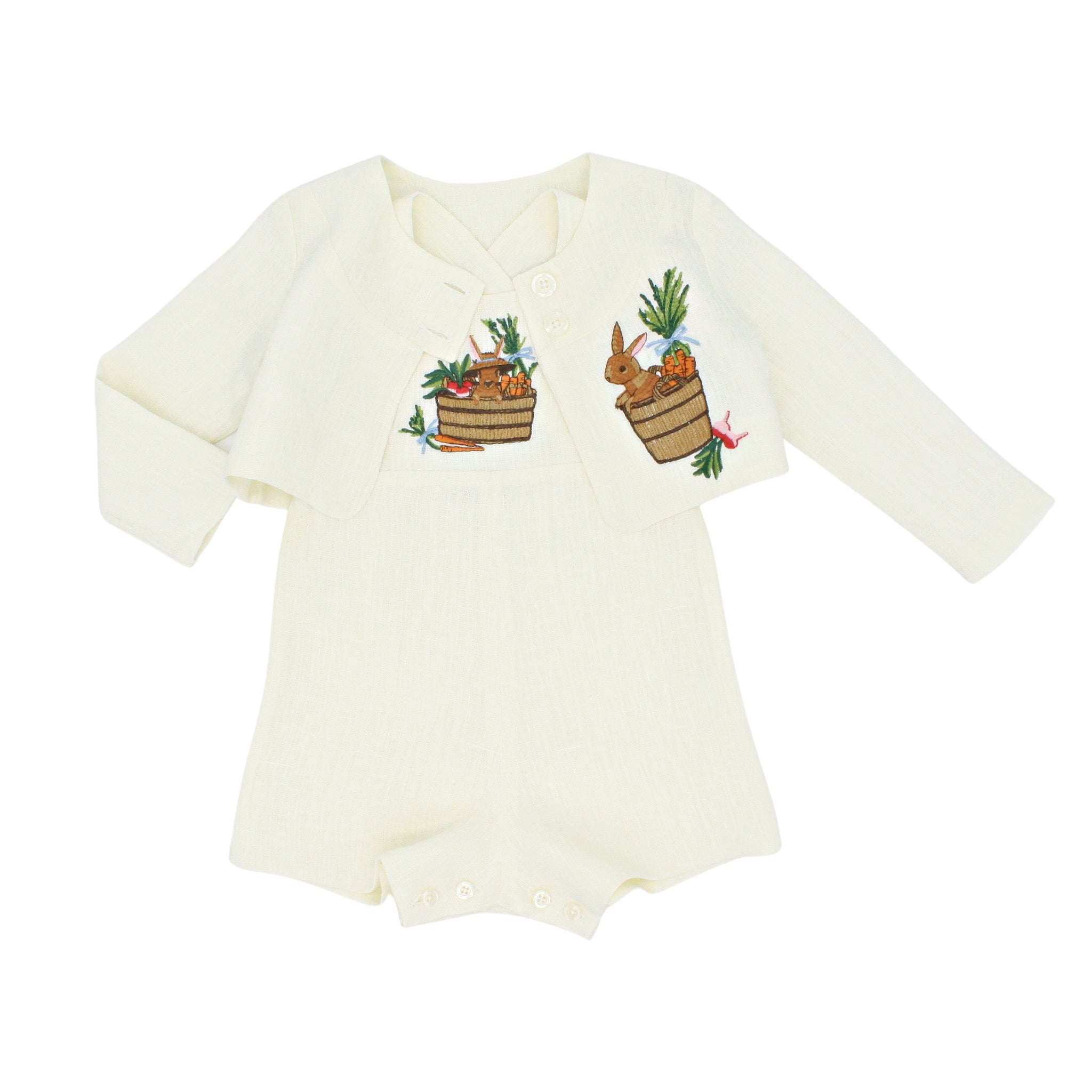 Little Goodall linen bunny jacket and romper set in ivory, featuring hand-embroidered bunny and carrot basket details