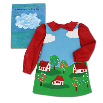 Little Cloud Gift Set with a merino wool jumper featuring appliqué houses and trees, a red bow blouse, and Little Cloud hardcover book