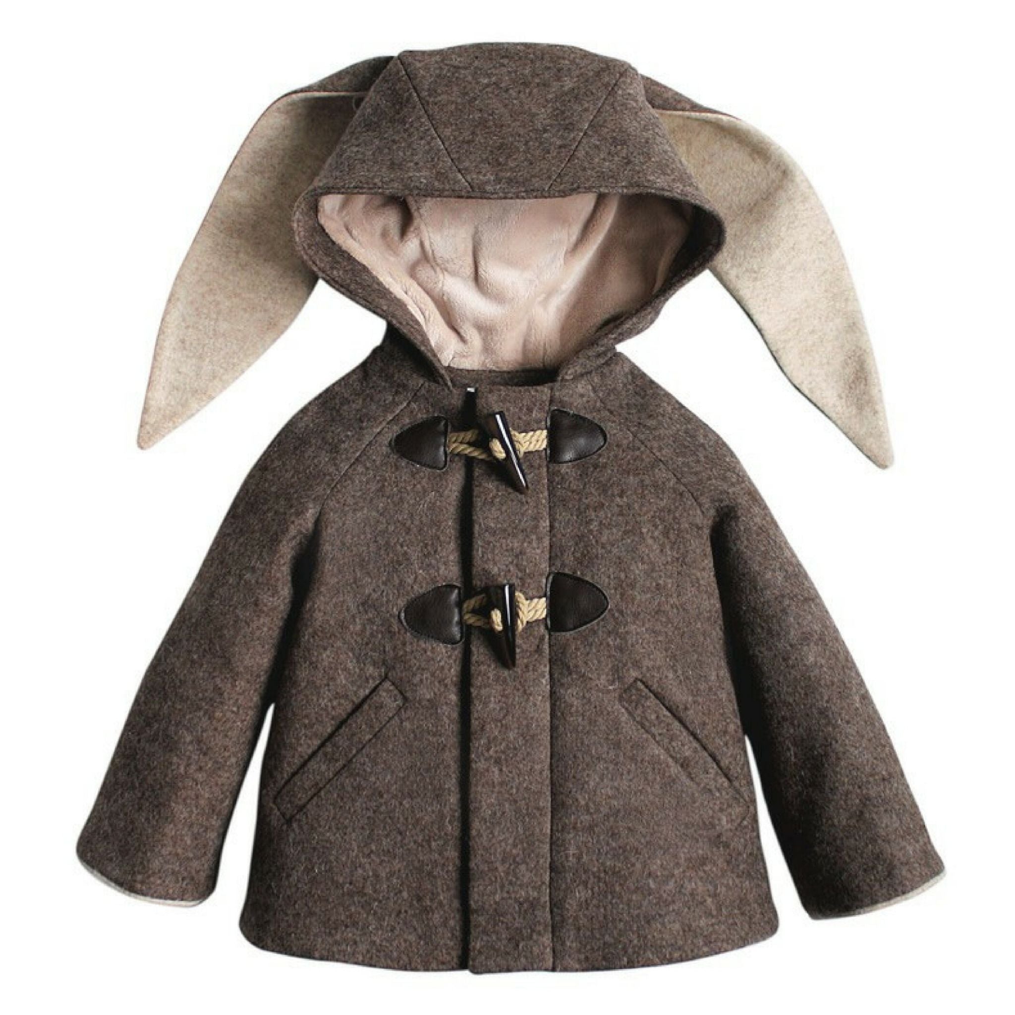 Brown wool Flopsy Bunny Coat with a plush-lined bunny ear hood and toggle closures, laid flat to show details.