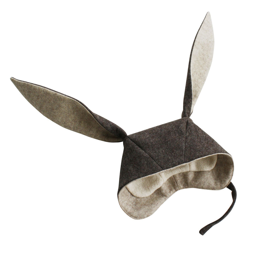 Wool-blend felt bunny hat in mushroom brown with long floppy ears and soft fleece lining for warmth and play