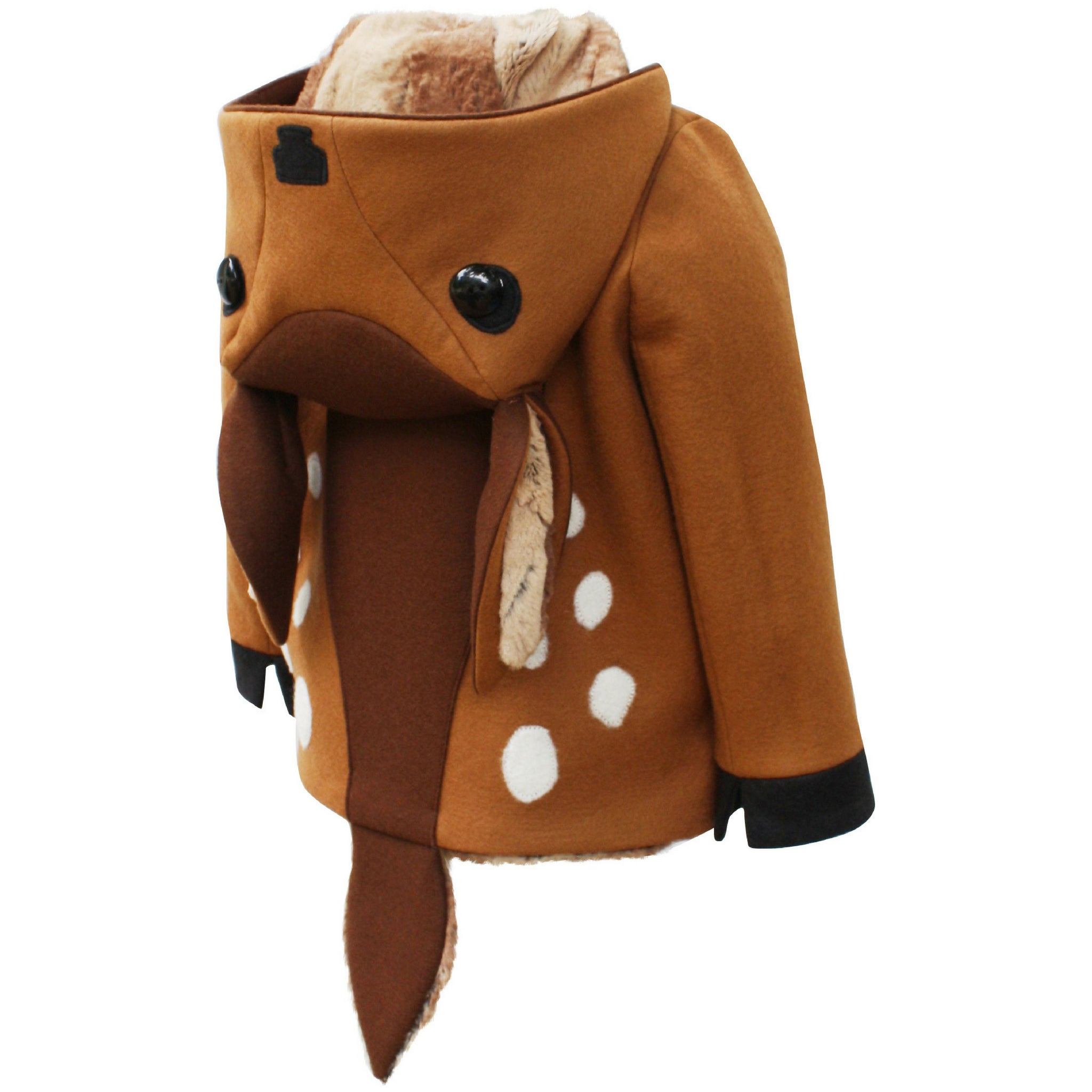 Back of Little Goodall Frolicsome Fawn Coat with fawn hood, faux fur tail, and wool spots