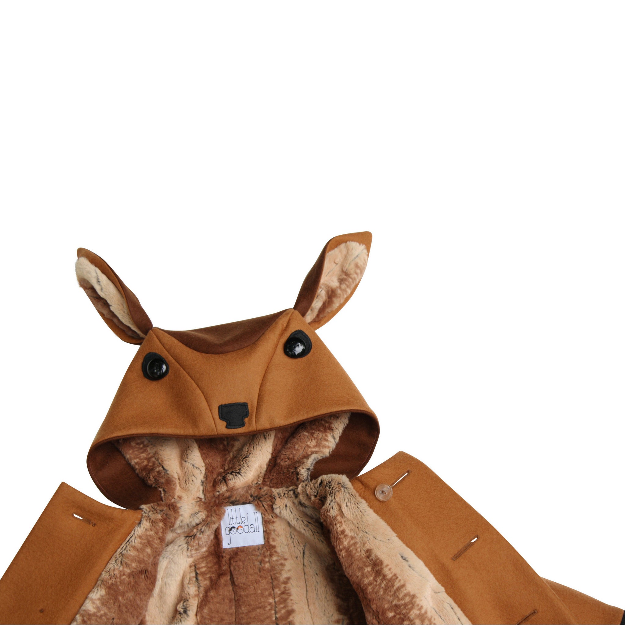 Close-up of the Little Goodall Frolicsome Fawn Coat, showing faux fur lining, hood with ears, and button details
