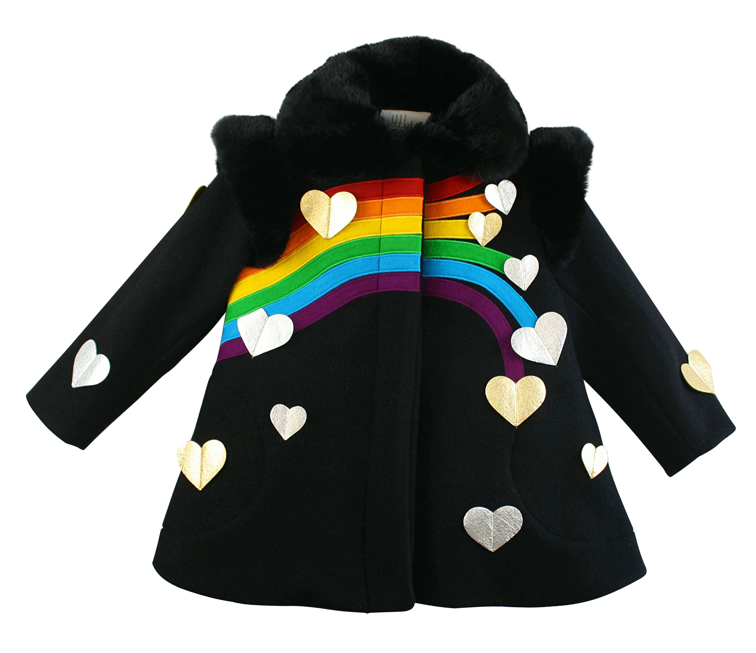 Black dress coat with a rainbow across the chest, hearts at the rainbow's end and sides, plus a black faux fur collar and structured shoulder pads