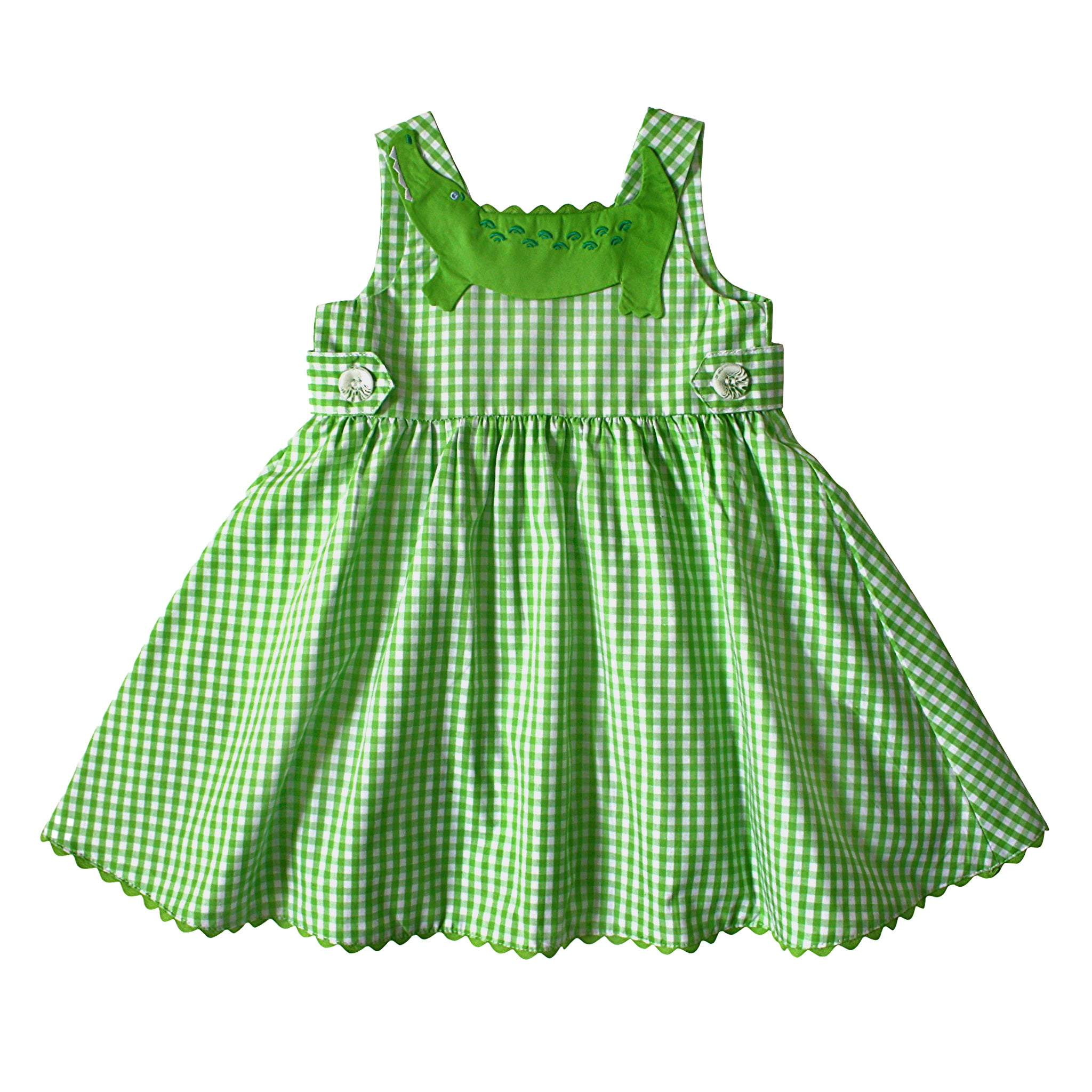 Green gingham sundress for girls with an alligator applique, scalloped hem, and button accents. Lightweight and perfect for summer