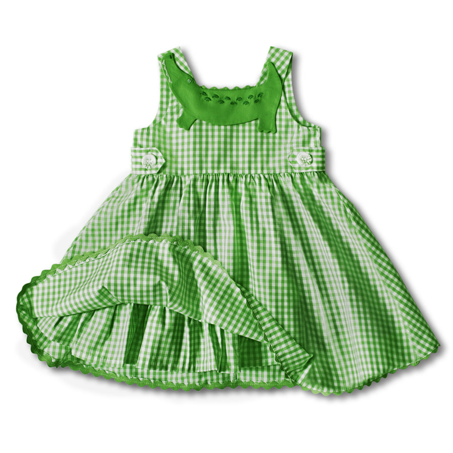 Green gingham sundress for girls with an alligator applique, scalloped hem, and a ruffled petticoat for added volume