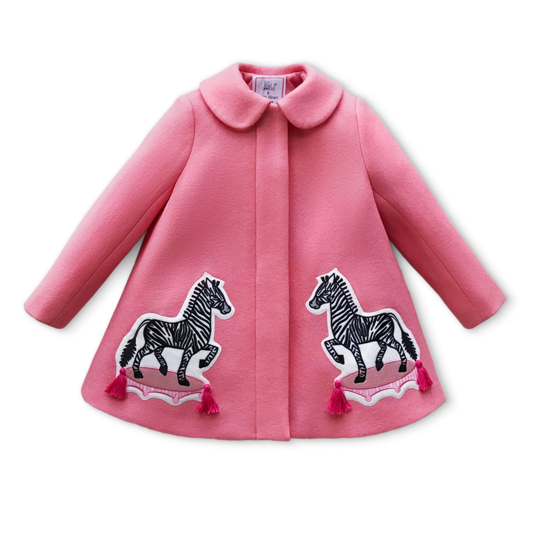 Girls pink wool coat with black and white zebra appliqués and pink tassels, designed in collaboration with Willa Heart.