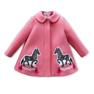 Girls pink wool coat with black and white zebra appliqués and pink tassels, designed in collaboration with Willa Heart.