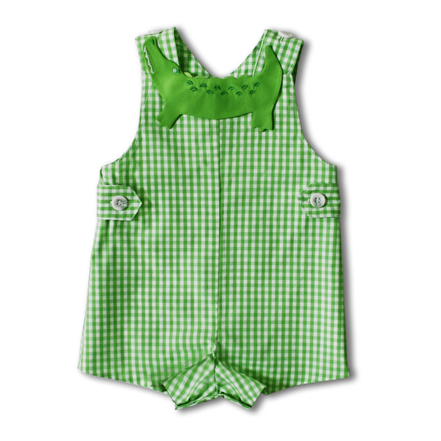 Green gingham alligator romper for baby and toddler boys with embroidered details, adjustable button straps, and a soft 100% cotton design.