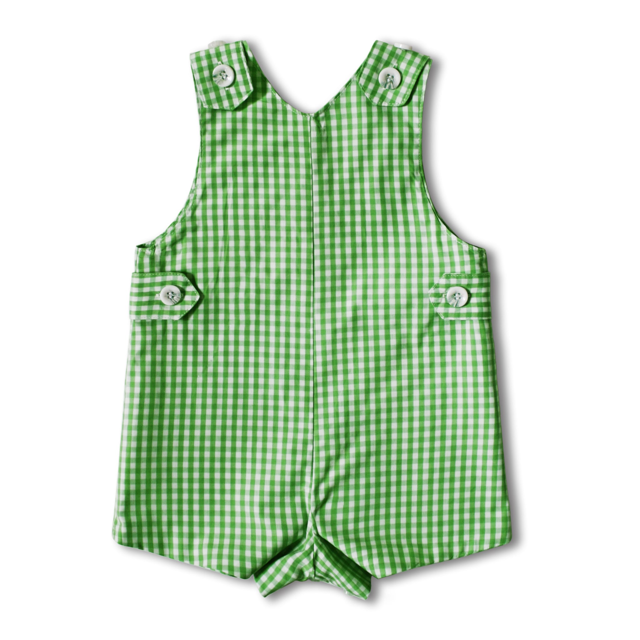 Back view of Little Goodall Green Gingham Alligator Romper with buttoned straps, side tabs, and soft 100% cotton fabric for baby and toddler boys