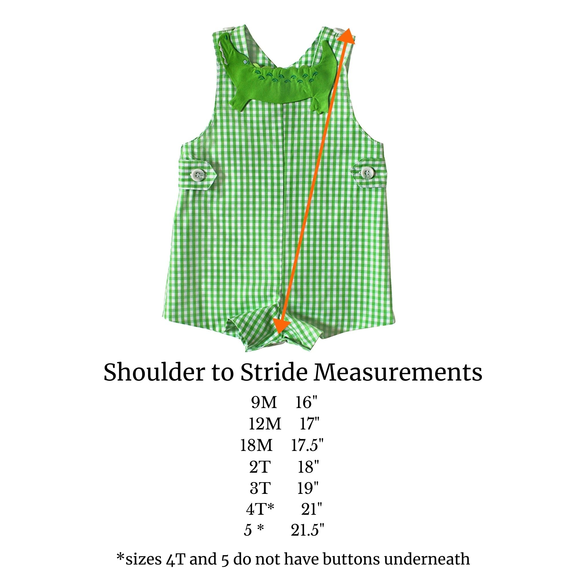 Little Goodall Green Gingham Alligator Romper size chart with shoulder-to-stride measurements for baby and toddler boy