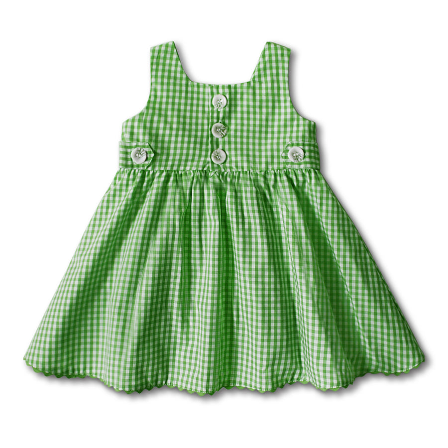 Back view of a green gingham sundress featuring button details, scalloped hem, and decorative side buttons.