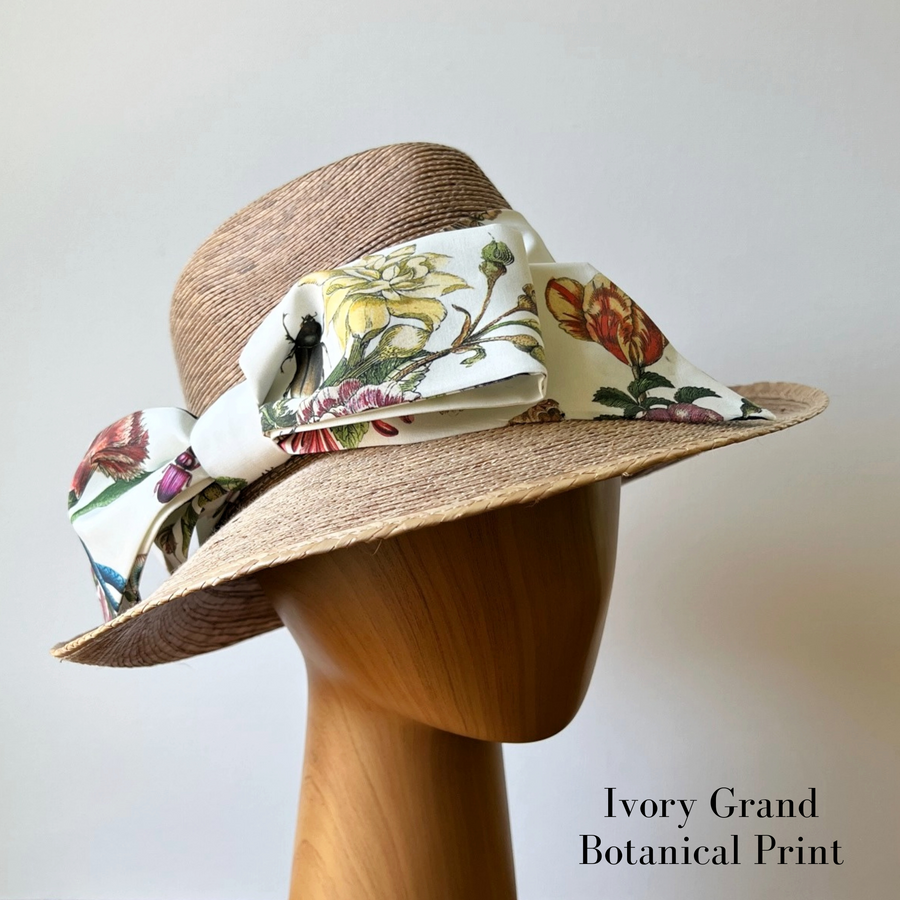 Straw hat with ivory floral middy bow hatband in Grand Botanical print
