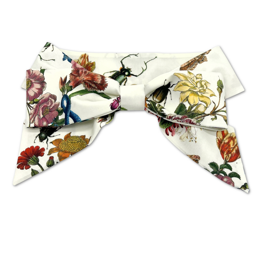 Ivory floral Middy Bow hatband with botanical print and removable Velcro closure