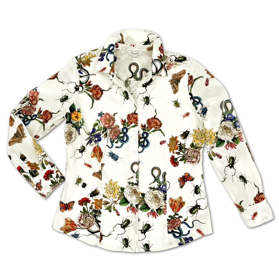 Flat-lay of ivory botanical print shirt with long sleeves and button-down front