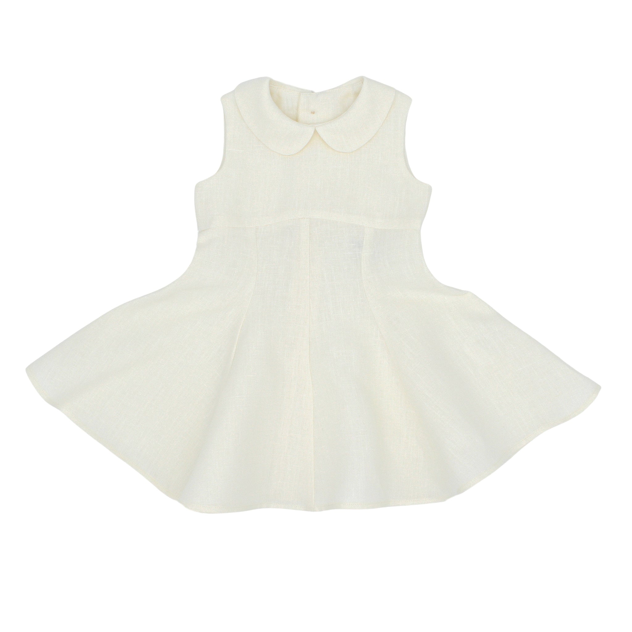 Ivory linen party dress with a Peter Pan collar, sleeveless design, and flared skirt, perfect for special occasions
