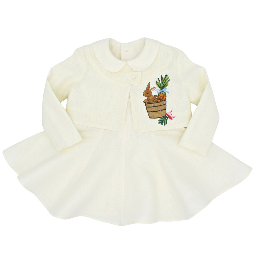 Girls ivory linen party dress shown with linen jacket that has an embroidered bunny on it