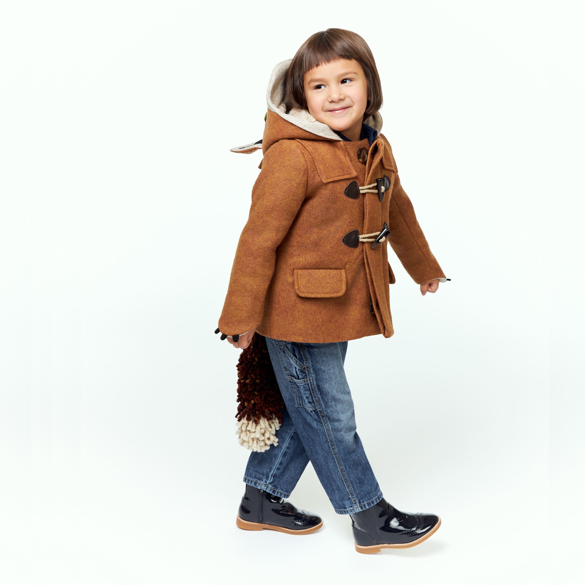 Kids' brown wool duffle coat with a fox-themed hood, rope toggles, and a fluffy tail
