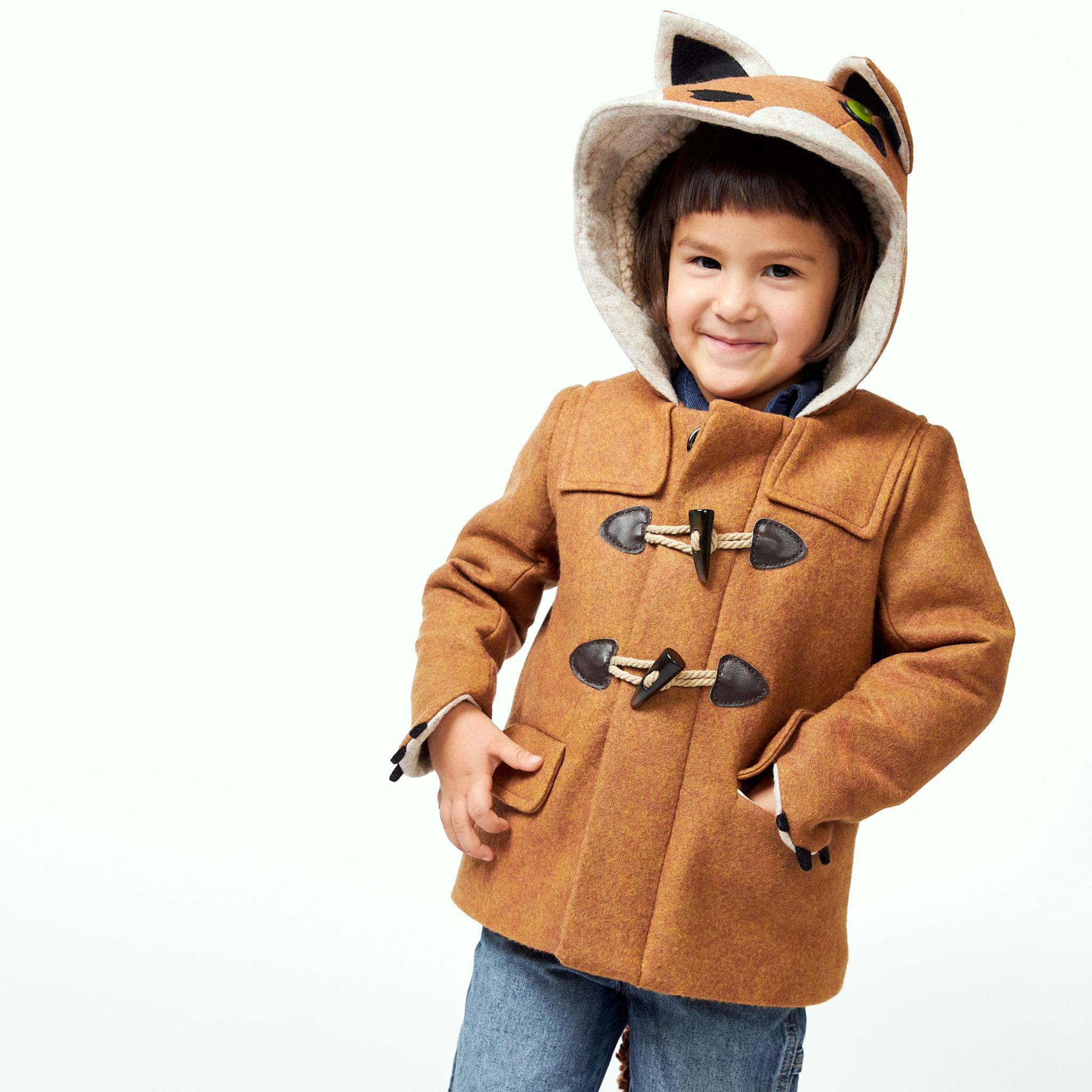 Kids’ fox duffle coat with faux sherpa lining and fox ear hood