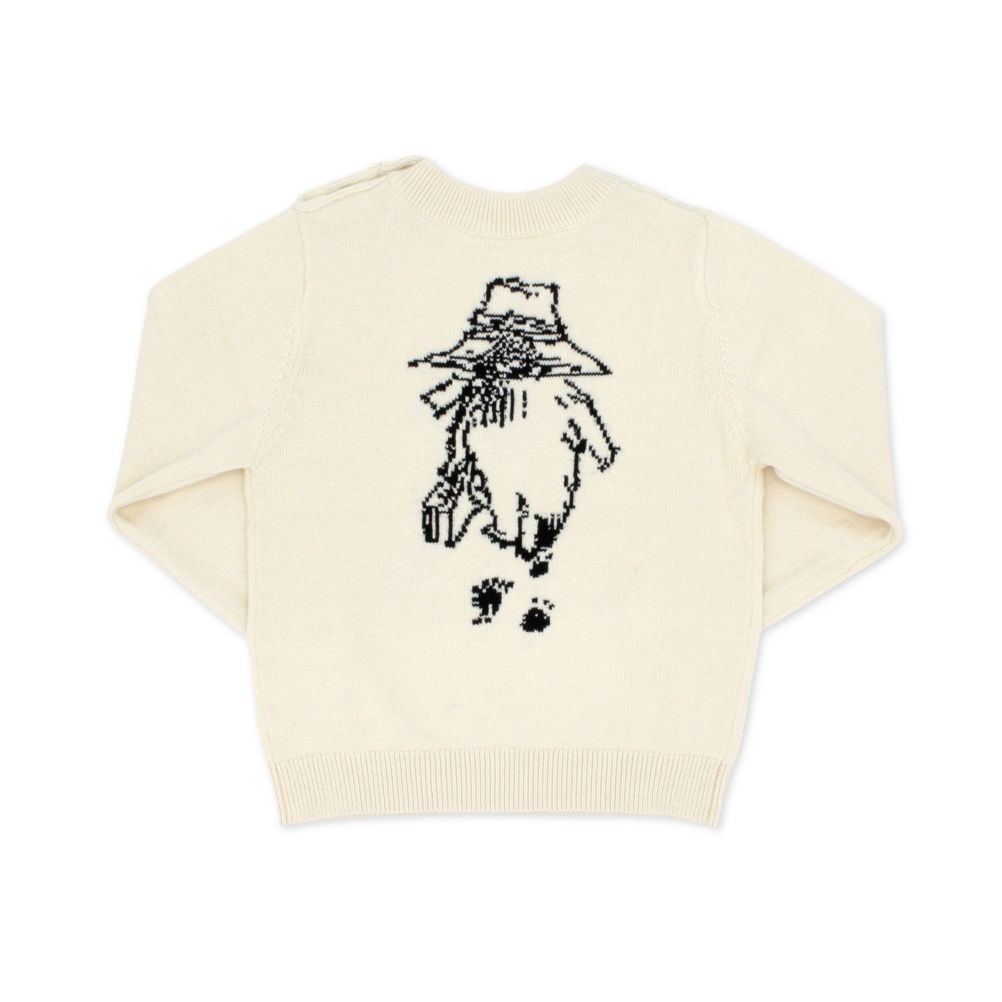 Back of  Bear Sweater in ivory with black knit Paddington Bear illustration by Peggy Fortnum. Soft 100% cotton, mid-weight, with shoulder buttons