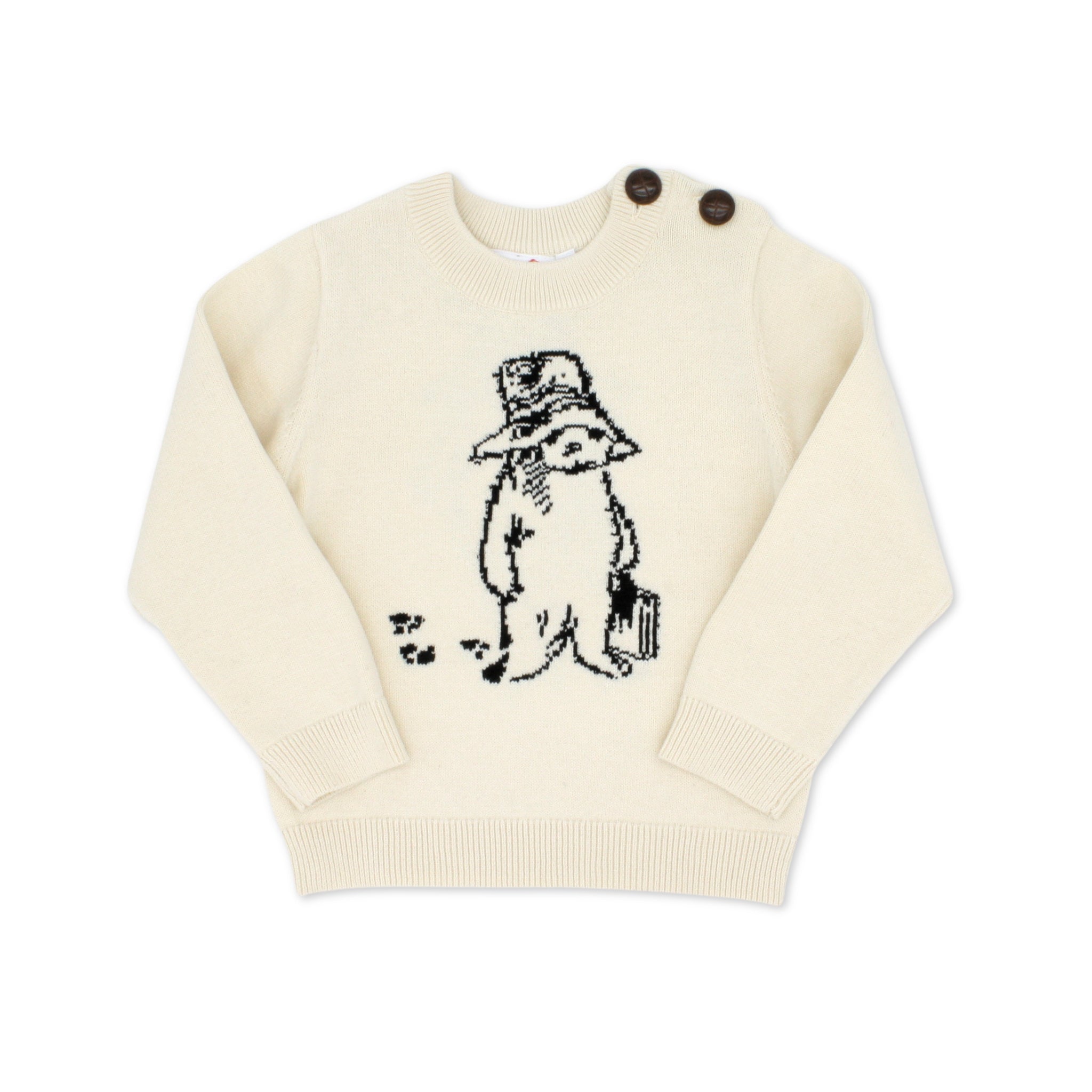 Kids Paddington Bear sweater in cream, 100% cotton, featuring classic Peggy Fortnum illustration, unisex design with button-shoulder detail.