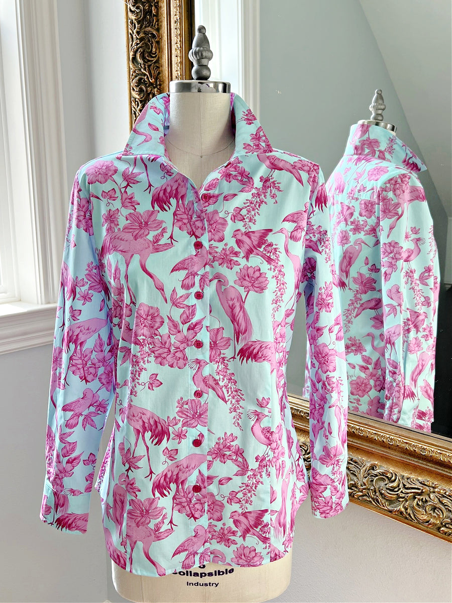 Full view of Ladies Aviary Toile Classic Shirt on mannequin, showcasing pink and blue bird print and tailored fit