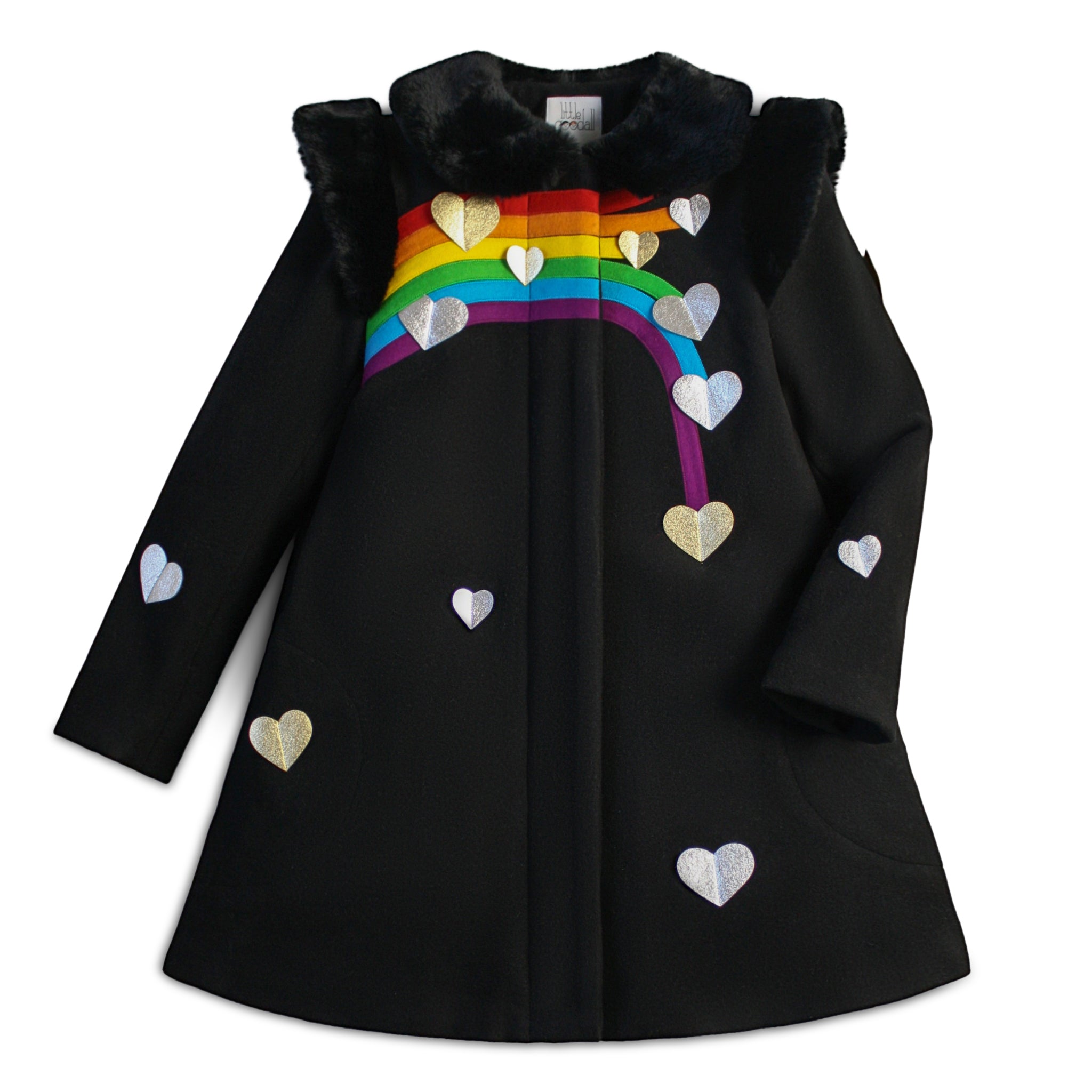 Black wool blend coat with a rainbow design and silver and gold hearts, featuring a faux fur collar and epaulets.