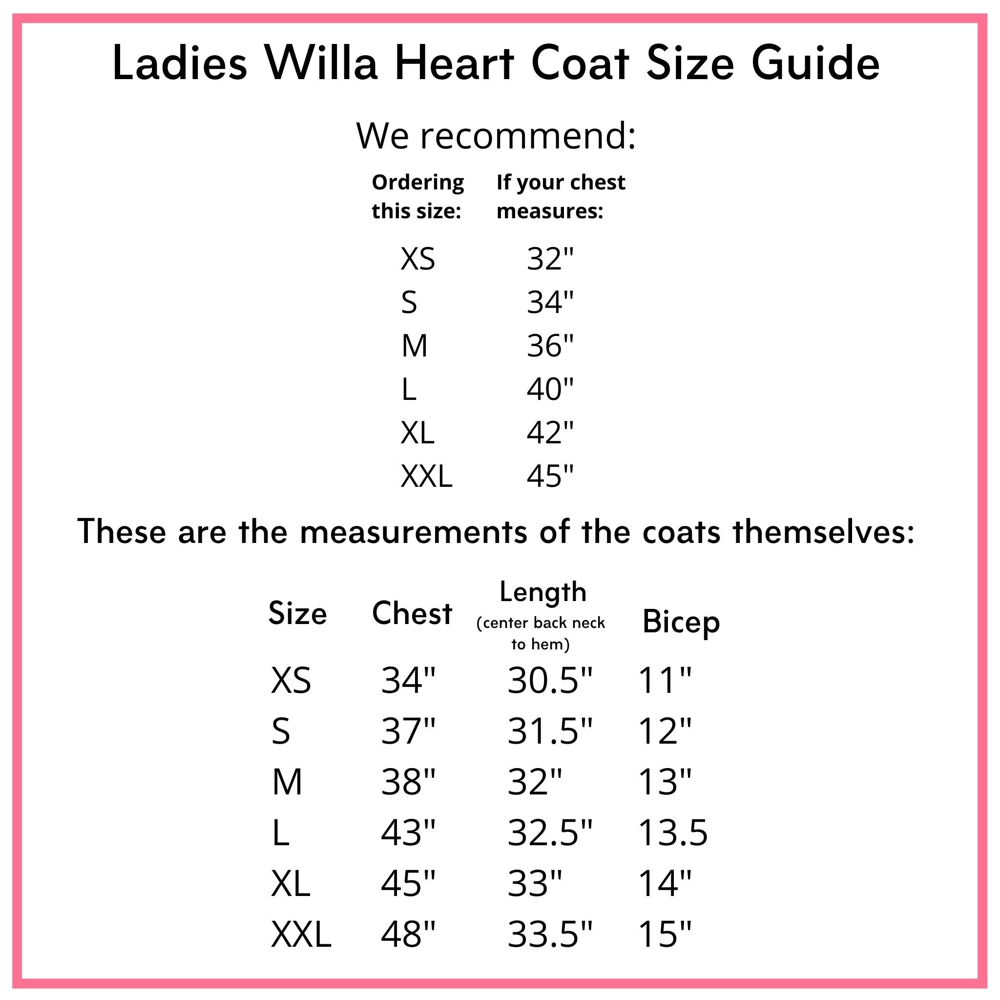 Size guide for Ladies Buffy and Muffy Coat, showing recommended chest sizes and detailed coat measurements including chest, length, and bicep width