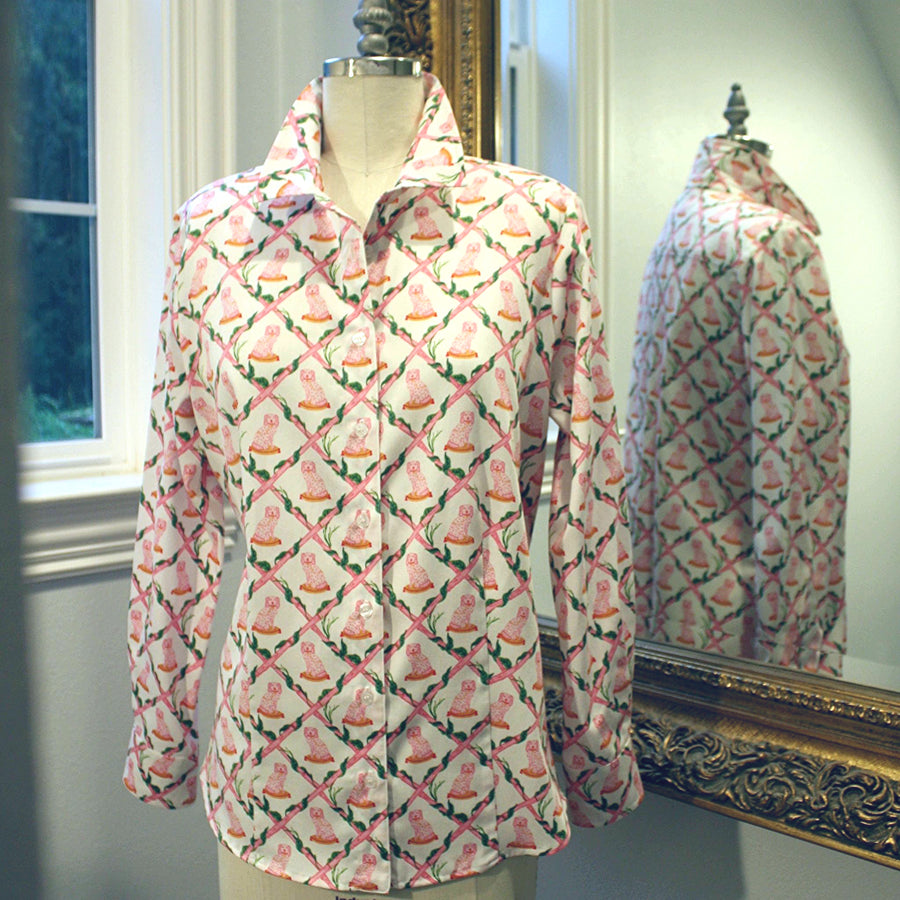 Mannequin wearing Willa Heart pink dog print cotton shirt with button cuffs and collar