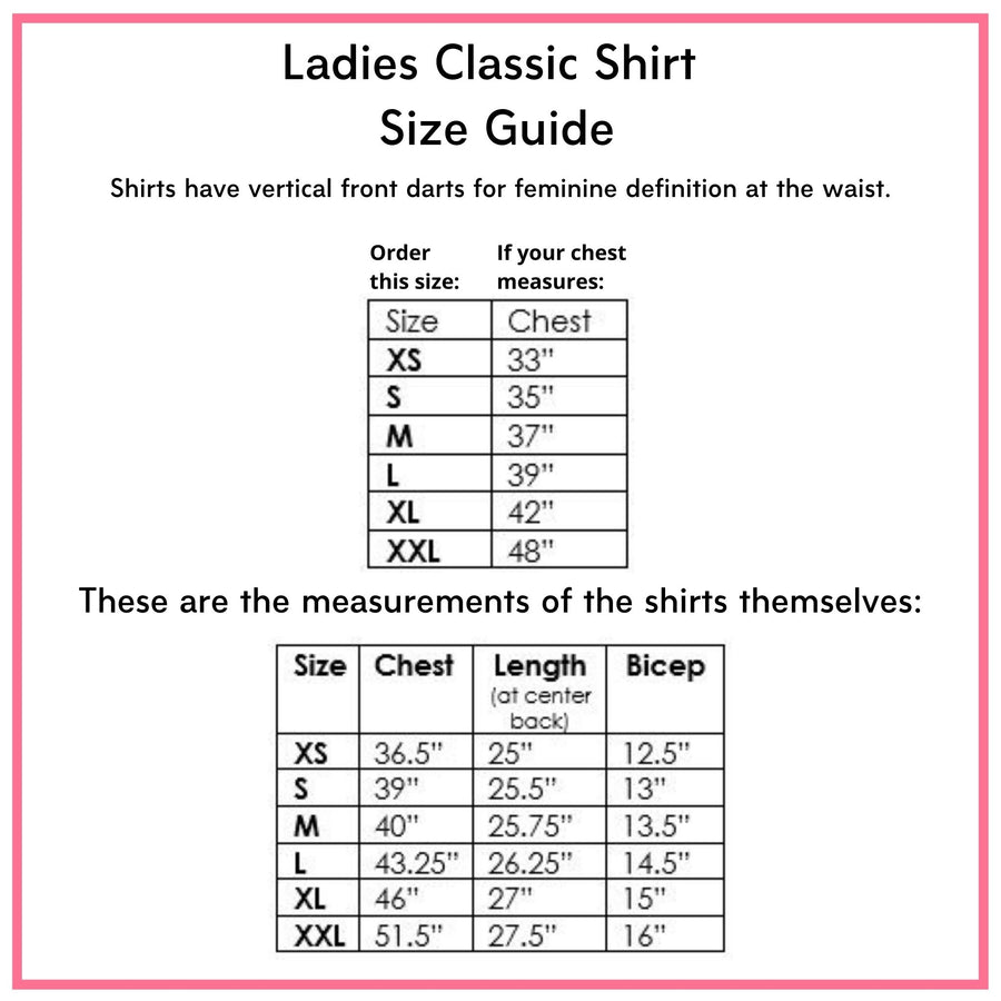 Size guide for Little Goodall Ladies Classic Shirt, showing chest measurements and detailed garment dimensions for chest, length, and bicep