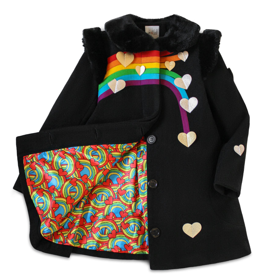 Ladies Queen of Hearts Coat in black wool blend with rainbow heart design, faux fur collar, and vibrant illustrated lining.