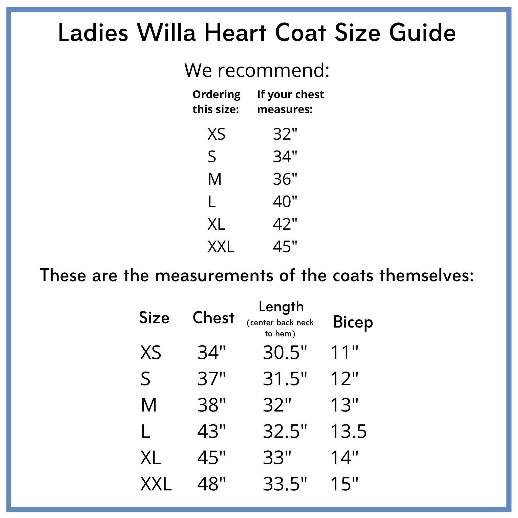 Size guide for Ladies Willa Heart Coat, including recommended sizes based on chest measurements and detailed coat dimensions for chest, length, and bicep