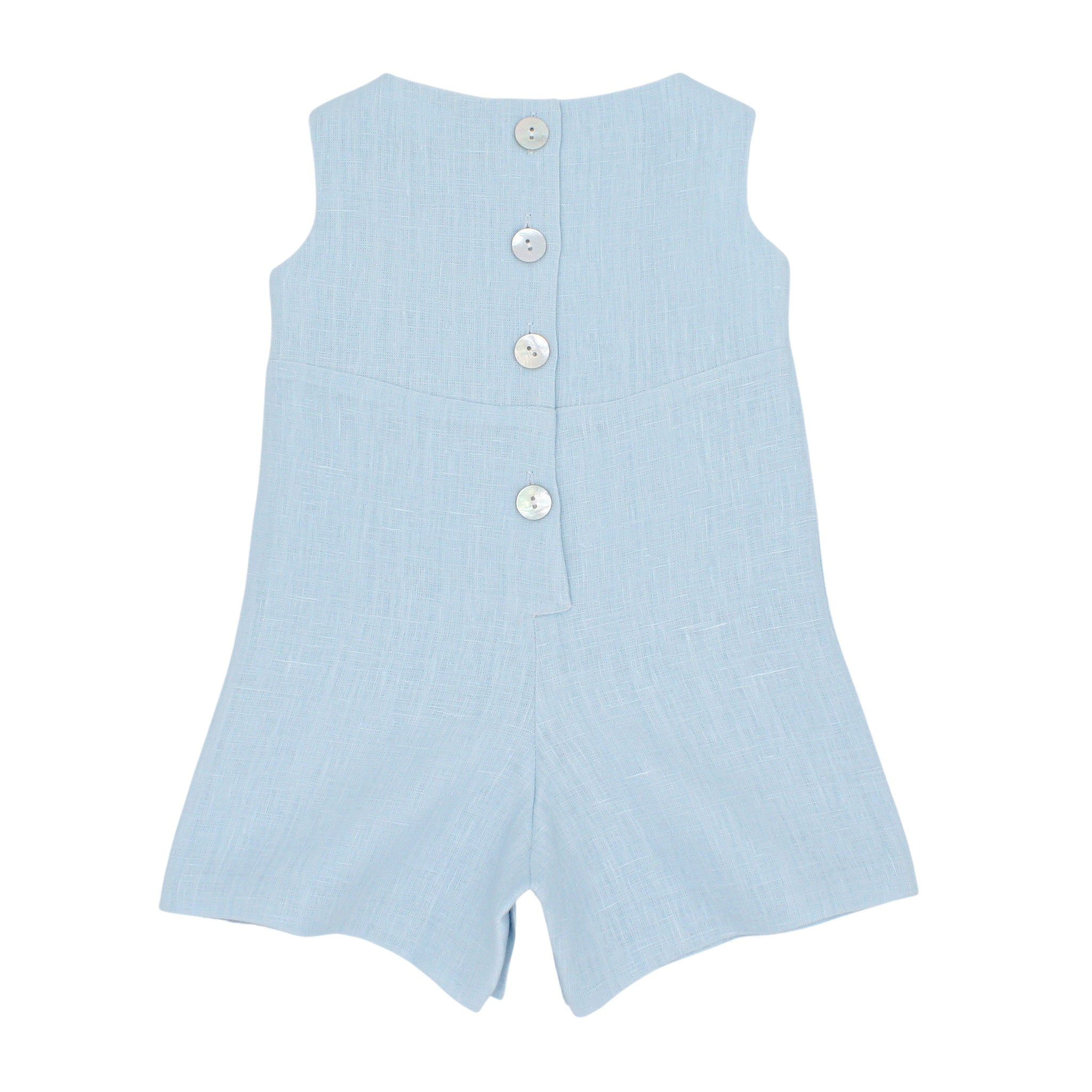 Back view of Scooter Bunny Linen Jon Jon in light blue linen, featuring vintage shell buttons and a classic heirloom-quality design