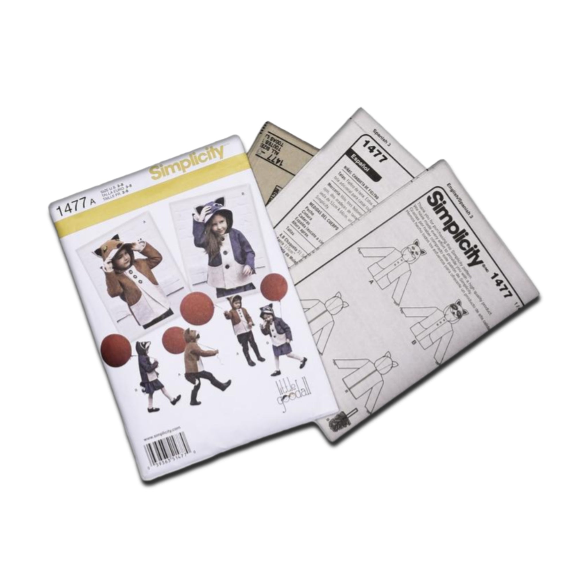 Simplicity 1477 sewing pattern set,including paper pattern pieces, illustrated instructions, and fabric guidelines for making children's fox and raccoon coats.