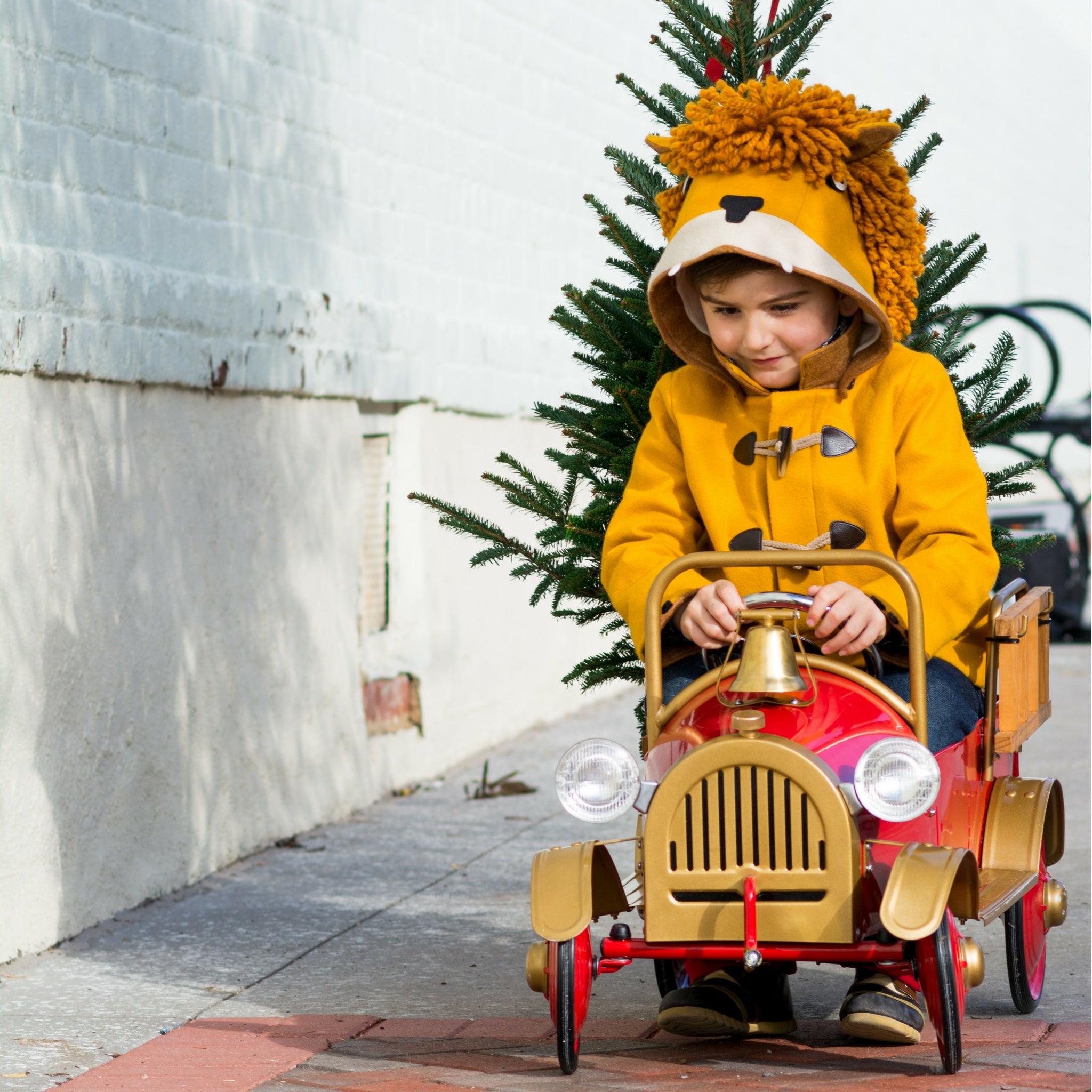 A child in a warm gold wool lion coat rides a festive red toy car, featuring toggle closures and a playful hood