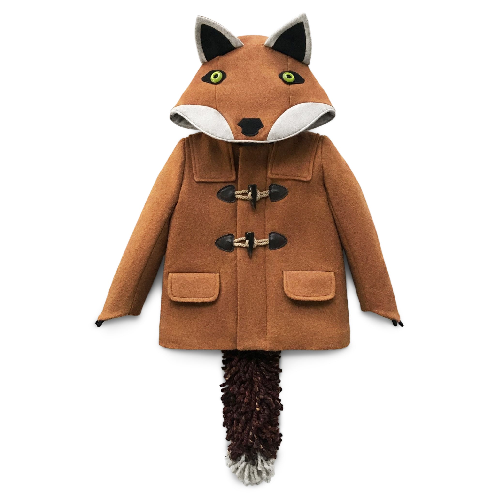 Brown fox winter coat with toggle buttons and plush lining