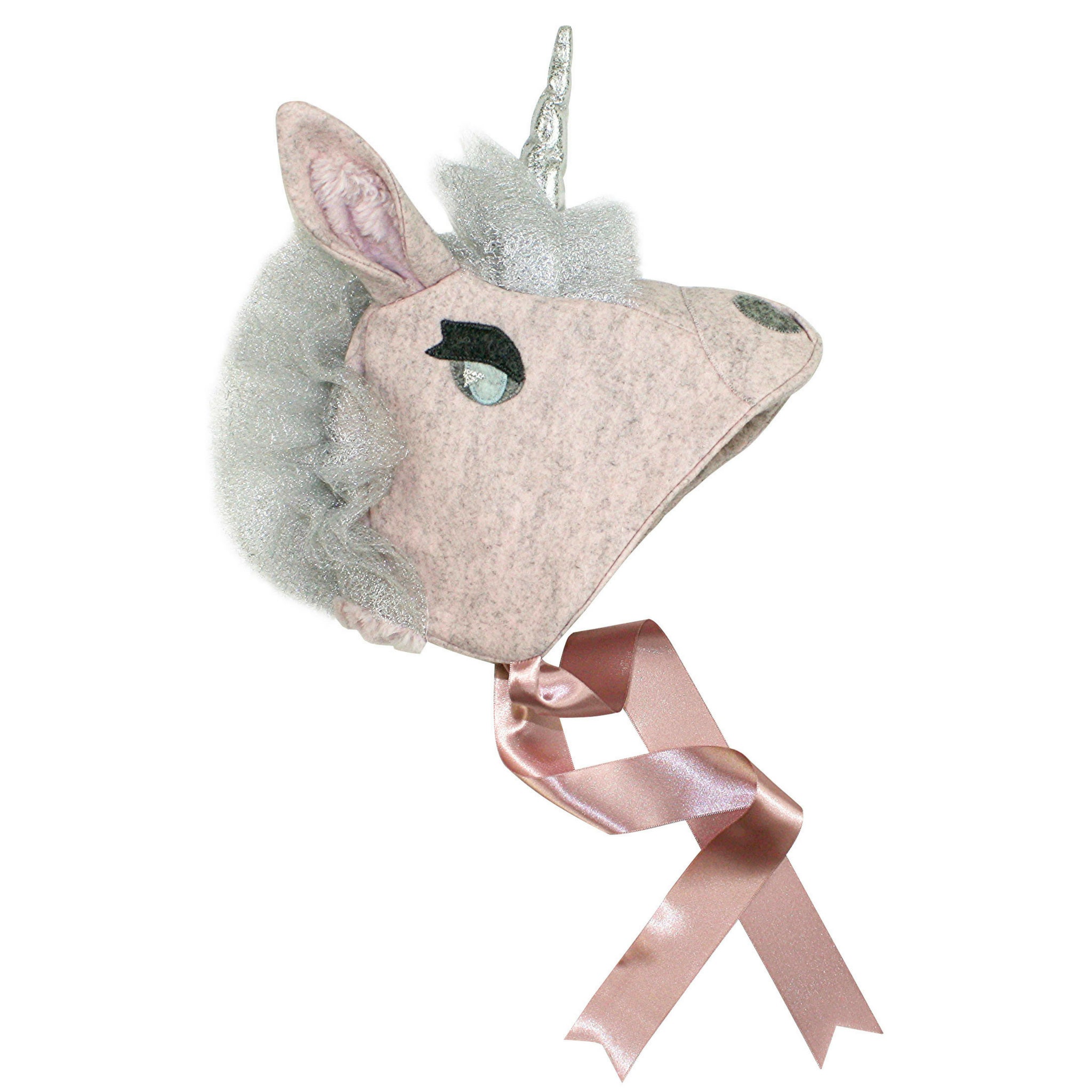 ale pink wool unicorn hat with silver lace mane, plush faux fur lining, and satin ribbon ties, perfect for girls' winter wear and imaginative play