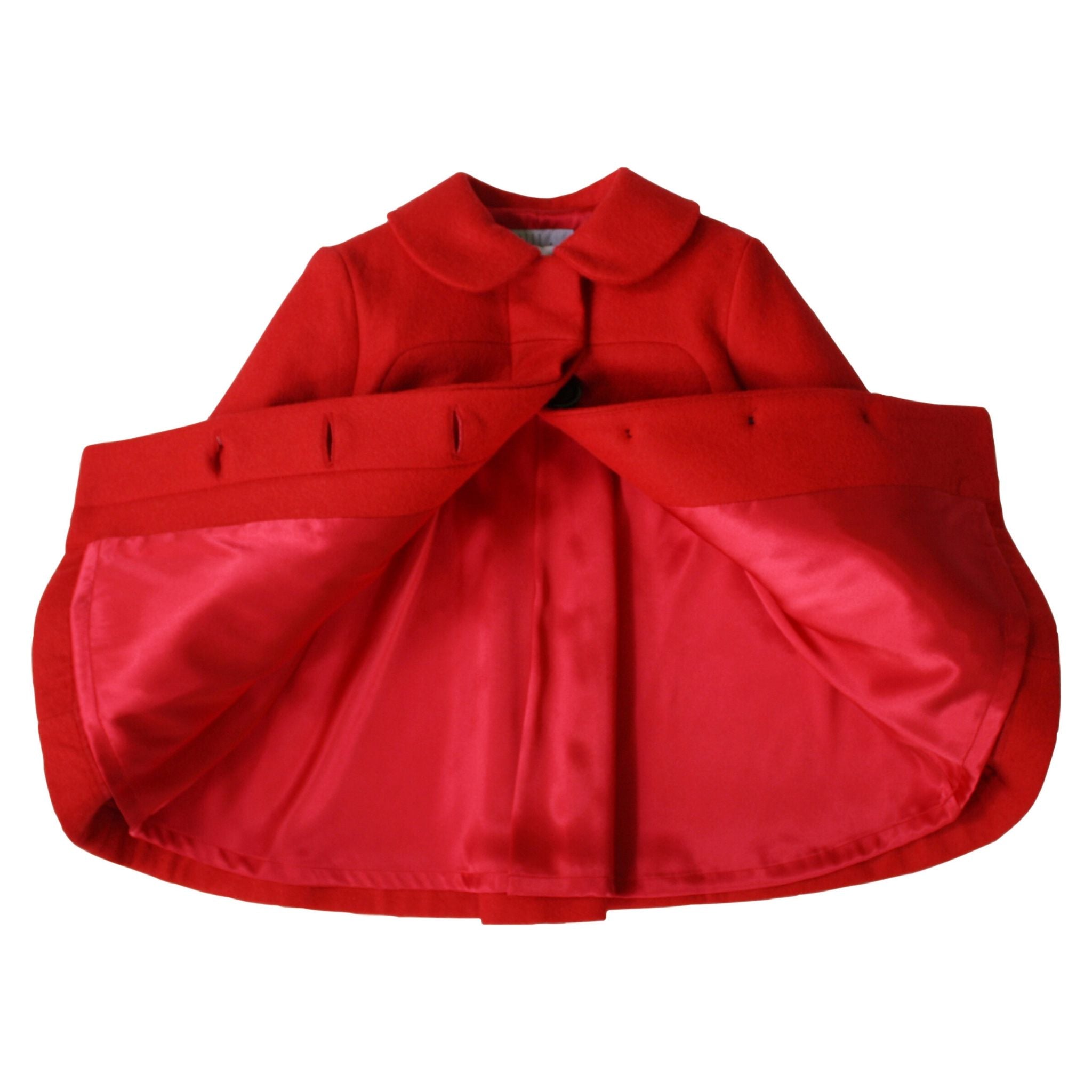 Inside view of red wool Matryoshka coat for girls, showing luxurious satin lining and concealed button closures