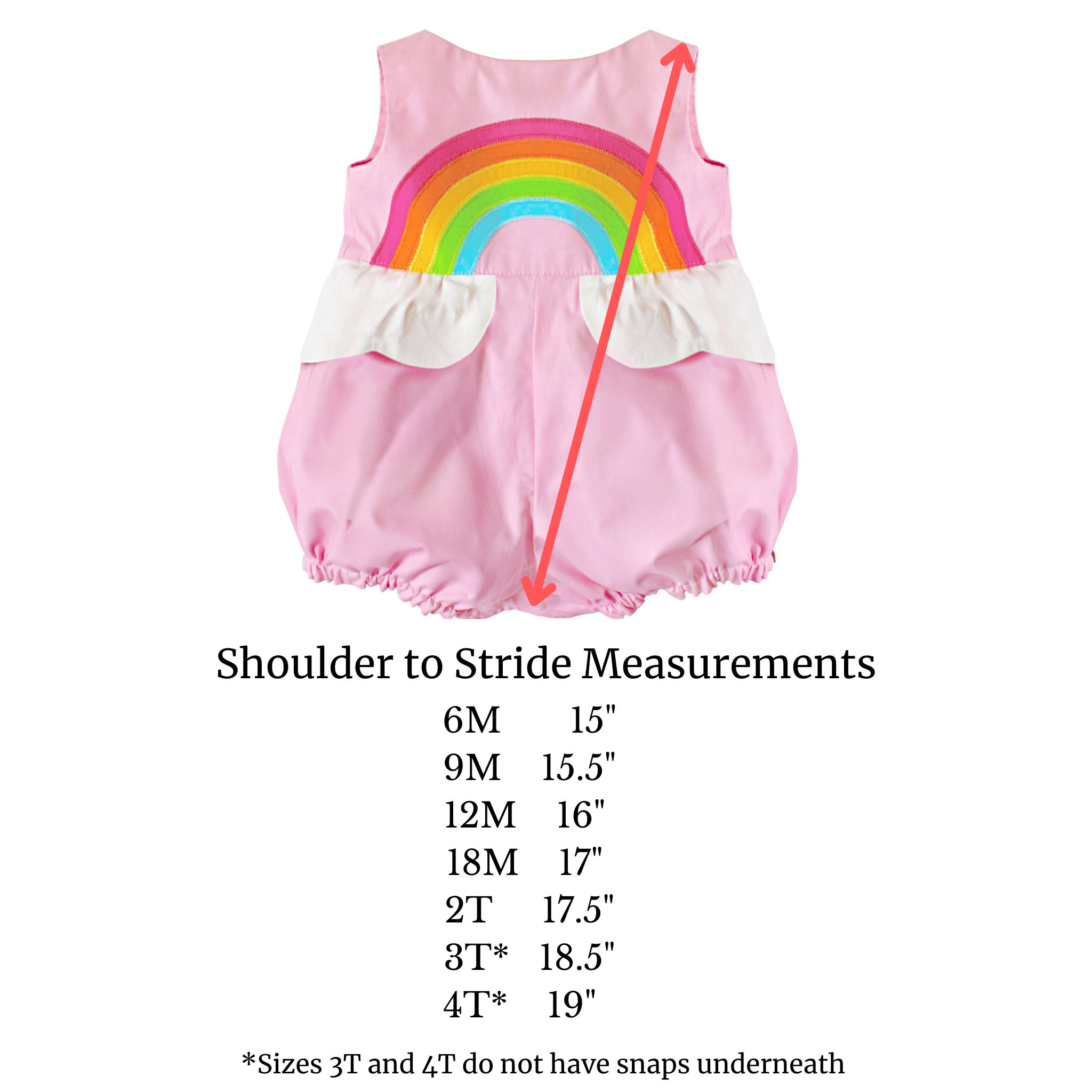Over the Rainbow Bubble Romper with shoulder-to-stride measurement chart for baby and toddler sizes
