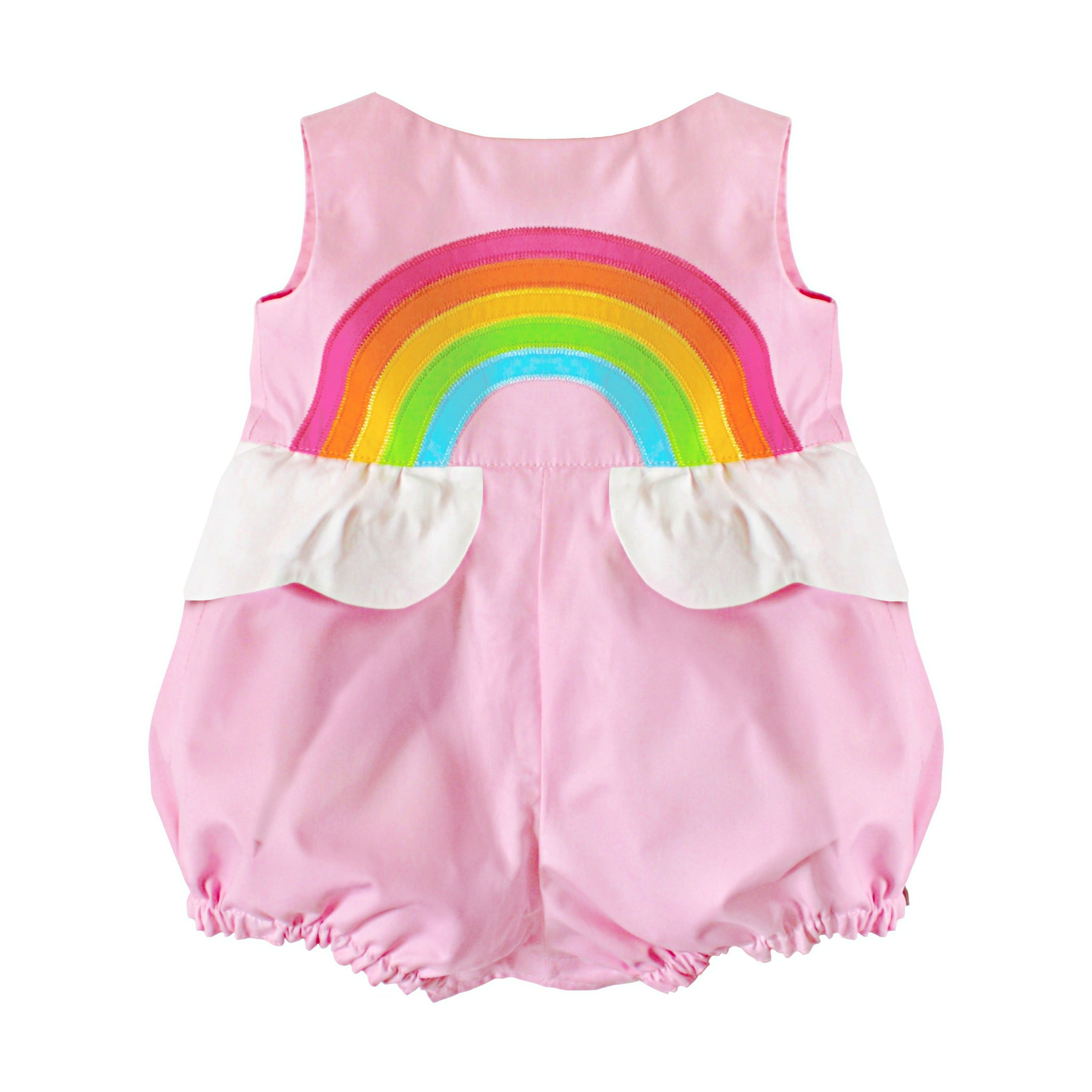 Back view of Over the Rainbow Bubble Romper in Sunset Pink, featuring a vibrant rainbow applique & cloud peplum design, perfect for toddlers and babies